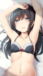 Rule 34 | 1girl, armpits, arms up, asashio (kancolle), bare arms, bare shoulders, bed sheet, black bra, black hair, blue eyes, bow, bow bra, bra, breasts, collarbone, commentary, hair between eyes, highres, kantai collection, long hair, lying, nagami yuu, navel, on back, parted lips, small breasts, smile, solo, symbol-only commentary, underwear, underwear only, upper body, very long hair