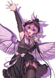 Rule 34 | 1girl, arm up, black dress, black thighhighs, bridal gauntlets, dress, garter straps, hat, highres, lace, lace-trimmed legwear, lace trim, microphone, mystia lorelei, open mouth, pink hair, purple eyes, stank, thighhighs, touhou, wings