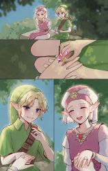 Rule 34 | 1boy, 1girl, absurdres, blonde hair, blue eyes, blush, closed eyes, dress, green headwear, green tunic, hat, highres, holding hands, jewelry, link, looking at another, mob cap, neosilleosil, nintendo, open mouth, outdoors, parted bangs, pink dress, pink headwear, pointy ears, pointy hat, princess zelda, putting on jewelry, ring, short hair, sitting, smile, the legend of zelda, the legend of zelda: ocarina of time, white dress, young link, young zelda