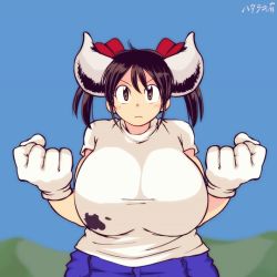 Rule 34 | 1girl, animated, animated gif, black hair, blue sky, bouncing breasts, breast expansion, breasts, brown hair, bursting breasts, cleavage, closed eyes, cow girl, gigantic breasts, gloves, grey horns, hataraki ari, horns, huge breasts, open mouth, original, plump, shirt, shouting, signature, sky, solo, sukimi, tearing clothes, torn clothes, torn shirt, twintails, upper body, wardrobe malfunction, white gloves
