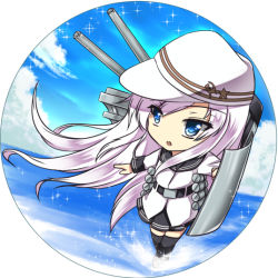 Rule 34 | 10s, 1girl, afloat, black thighhighs, blue eyes, blue sky, chibi, cloud, cloudy sky, day, hammer and sickle, hat, hibiki (kancolle), horizon, kantai collection, machinery, ocean, open mouth, pleated skirt, round image, school uniform, serafuku, sheita, skirt, sky, solo, thighhighs, turret, verniy (kancolle), white hair, wind, zettai ryouiki