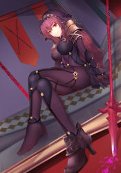 Rule 34 | 1girl, absurdres, bodysuit, breasts, covered navel, crossed legs, fate/grand order, fate (series), feet, full body, gae bolg (fate), highres, large breasts, long hair, looking at viewer, mag (huangmag), polearm, purple bodysuit, purple hair, red eyes, scathach (fate), see-through, shoes, single shoe, sitting, smile, solo, spear, toes, veil, weapon