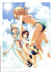 Rule 34 | 3girls, :d, :o, ;o, absurdres, adjusting clothes, adjusting swimsuit, ahoge, arm up, ass, back, bare shoulders, barefoot, bikini, blonde hair, breasts, brown eyes, brown hair, casual one-piece swimsuit, claws, clothing cutout, cloud, day, dutch angle, feet, fingernails, from behind, groin, hair between eyes, highres, hirano katsuyuki, hiro (spectral force), jumping, kneepits, leaning forward, leg lift, legs, lens flare, long fingernails, long hair, long legs, looking at viewer, looking back, mayura (spectral force), medium breasts, multiple girls, navel cutout, official art, one-piece swimsuit, one eye closed, open mouth, orange eyes, outdoors, pointy ears, profile, red eyes, roze, roze (spectral souls), scan, shading eyes, shirt, short hair, side-tie bikini bottom, sideboob, silver hair, sky, smile, soles, spectral (series), spectral souls, spectral vs generation, spiked hair, splashing, standing, sun, swimsuit, taut clothes, taut shirt, thighs, toes, twintails, wading, water, wet, wince, wink