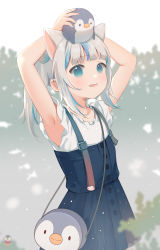 Rule 34 | 1girl, animal, animal ears, animal on head, arms behind head, bag, bare arms, bird, bird on head, blue dress, blue eyes, blue hair, blunt bangs, blurry, blurry foreground, cat ears, cowboy shot, cube hair ornament, dress, flat chest, frilled sleeves, frills, gawr gura, gawr gura (casual), hair ornament, highres, hololive, hololive english, kamui (kamuikaoru), long hair, looking at viewer, multicolored hair, on head, parted lips, penguin, plant, ponytail, shirt, short sleeves, shoulder bag, sidelocks, smile, solo, streaked hair, teeth, upper teeth only, virtual youtuber, white hair, white shirt