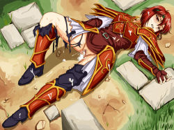 Rule 34 | 1girl, after rape, annoyed, armor, boots, censored, clenched teeth, clothes lift, cum, cum in pussy, cum on body, cum on clothes, cum on hair, cum on lower body, defeat, facial, fingerless gloves, fire emblem, fire emblem: mystery of the emblem, gloves, headband, lying, minerva (fire emblem), mosaic censoring, nintendo, pussy, red armor, red eyes, red hair, short hair, skirt, skirt lift, solo, syunzou, tears, teeth, torn clothes