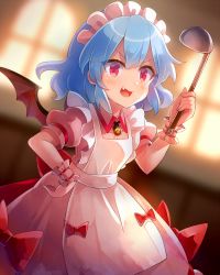 Rule 34 | 1girl, 60mai, :d, alternate costume, apron, bat wings, blue hair, blurry, blurry background, bow, commentary request, cowboy shot, dress, dutch angle, enmaided, fang, hair between eyes, hand on own hip, hand up, holding, indoors, ladle, looking at viewer, maid, maid apron, maid headdress, open mouth, pink dress, puffy short sleeves, puffy sleeves, red bow, red eyes, remilia scarlet, short hair, short sleeves, smile, solo, standing, touhou, white apron, window, wings, wrist cuffs