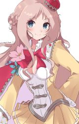 Rule 34 | 1girl, atelier (series), atelier meruru, blue eyes, bow, breasts, brown hair, cape, closed mouth, crown, dress, flower, half updo, haruna (citrus love i), highres, long hair, looking at viewer, merurulince rede arls, red bow, simple background, skirt, smile, solo, white background, yellow skirt