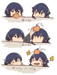Rule 34 | 10s, 2girls, betchan, black hair, closed eyes, colorized, flying sweatdrops, food, fruit, headphones, i-13 (kancolle), i-14 (kancolle), kantai collection, multiple girls, orange (fruit), orange eyes, pun, short hair, siblings, sisters, table, translation request, white background