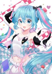 Rule 34 | 1girl, absurdly long hair, absurdres, anniversary, aqua eyes, aqua hair, artist name, artist request, back bow, blue eyes, blue hair, blue skirt, bow, breasts, checkered clothes, checkered skirt, cleavage, collarbone, elbow gloves, female focus, gloves, hat, hatsune miku, highres, holding, holding clothes, holding hat, long hair, mango matcha, mini hat, parted lips, pink bow, pink scrunchie, pointing, pointing at viewer, racing miku, racing miku (2019), scrunchie, shirt, skirt, small breasts, smile, solo, striped bow, striped clothes, striped scrunchie, twintails, very long hair, vocaloid, white hat, white shirt, white skirt
