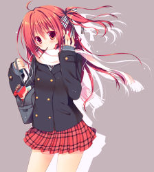 Rule 34 | 1girl, ahoge, bag, blush, earphones, food, fringe trim, hair ribbon, long hair, looking at viewer, miniskirt, mouth hold, one side up, original, pink scarf, plaid, plaid skirt, pleated skirt, pocky, red eyes, red hair, ribbon, sakura hanpen, scarf, school uniform, side ponytail, simple background, skirt, solo, striped ribbon, wind
