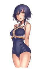 Rule 34 | 1girl, arms behind back, bare shoulders, blue hair, blue one-piece swimsuit, blush, breasts, commentary request, covered navel, cowboy shot, crop top, fumikiri, hair between eyes, unworn headgear, i-13 (kancolle), kantai collection, large breasts, legs together, looking at viewer, necktie, one-hour drawing challenge, one-piece swimsuit, parted lips, sailor collar, school uniform, serafuku, short hair, simple background, solo, swimsuit, white background, white sailor collar, yellow eyes, yellow necktie