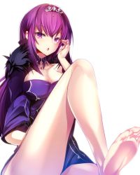 Rule 34 | 1girl, bare shoulders, barefoot, breasts, cape, caster (lostbelt), chestnut mouth, cleavage, fate/grand order, fate (series), feet, highres, long hair, looking at viewer, open mouth, purple eyes, purple hair, scathach (fate), scathach (fate), scathach skadi (fate), silly (marinkomoe), simple background, soles, solo, toes, very long hair, white background
