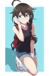 Rule 34 | 1girl, ahoge, alternate costume, aqua background, backpack, bag, bare arms, bare shoulders, blue eyes, braid, brown hair, casual, closed mouth, collarbone, commentary request, converse, cropped legs, denim, denim shorts, hair between eyes, hair flaps, hair ribbon, highres, kantai collection, kneehighs, leg up, long hair, nel-c, outside border, red ribbon, ribbon, shigure (kancolle), shigure kai ni (kancolle), shoes, short shorts, shorts, simple background, single braid, sleeveless, smile, sneakers, socks, solo, sweat, sweatband, tank top, white socks