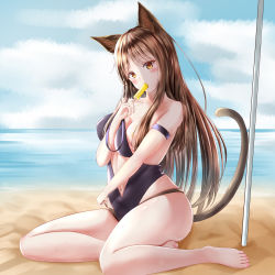 Rule 34 | 1girl, absurdres, animal ears, areola slip, arknights, barefoot, beach, bikini, black bikini, blue sky, blush, breast slip, brown hair, cat ears, cat girl, cat tail, cloud, cloudy sky, collarbone, convenient censoring, food, food in mouth, full body, hair censor, hair over breasts, hair over one breast, hand up, highres, holding, holding food, looking at viewer, navel, ocean, official alternate costume, planted, planted umbrella, popsicle, popsicle in mouth, sand, sitting, skindentation, sky, skyfire (arknights), skyfire (temperature difference) (arknights), solo, swimsuit, tail, thighs, toes, umbrella, yellow eyes, yokozuwari, zhenli-mari