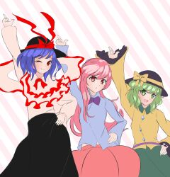 Rule 34 | 3girls, :d, ;), black headwear, black skirt, blue shirt, bow, bowtie, bubble skirt, commentary request, frilled shawl, frills, fub (fubimanji), green eyes, green hair, hand on own hip, hat, hat bow, hata no kokoro, highres, index finger raised, komeiji koishi, long hair, looking at viewer, multiple girls, nagae iku, one eye closed, open mouth, pink background, pink eyes, pink hair, purple bow, purple bowtie, red bow, red eyes, shawl, shirt, short hair, skirt, smile, striped, striped background, touhou, white shirt, yellow shirt