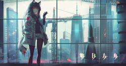 Rule 34 | 1girl, absurdres, animal ear fluff, animal ears, arknights, bag, black hair, black pantyhose, black shirt, chromatic aberration, cigarette, city, cityscape, closed mouth, copyright name, domi (hongsung0819), film grain, gloves, highres, huge filesize, id card, jacket, long hair, long sleeves, looking at viewer, name tag, pantyhose, red gloves, shirt, short shorts, shorts, shoulder bag, sidelocks, smoking, solo, standing, tail, texas (arknights), white jacket, white shorts, wide sleeves, yellow eyes