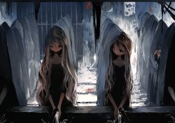 Rule 34 | 2girls, asahiro (algl), bad id, bad pixiv id, bars, black dress, blonde hair, blood, blood stain, blue eyes, chain, dark, dress, faucet, hood, long hair, looking at another, looking to the side, multiple girls, original, prison, red eyes, robe, washing hands, water