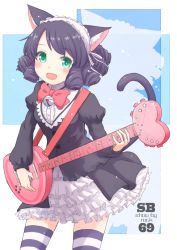 Rule 34 | 10s, 1girl, animal ears, bell, blush, bonnet, bow, cat ears, cat tail, cyan (show by rock!!), drill hair, green eyes, guitar, instrument, juliet sleeves, kokotetsu, long sleeves, open mouth, puffy sleeves, purple hair, shirt, show by rock!!, simple background, skirt, smile, solo, strawberry heart (show by rock!!), striped clothes, striped thighhighs, tail, thighhighs, zettai ryouiki