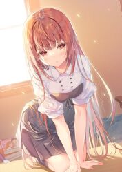 Rule 34 | 1girl, all fours, black skirt, black socks, blush, book, breasts, brown eyes, brown hair, chestnut mouth, collared shirt, cover, cover image, highres, long hair, looking at viewer, medium breasts, miwabe sakura, novel illustration, official art, open mouth, pleated skirt, saijo no osewa, shadow, shirt, short sleeves, skirt, socks, sunlight, textless version, very long hair, white shirt, window