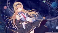 Rule 34 | 1girl, 3874384829, black jacket, black skirt, blonde hair, breasts, character name, closed mouth, constellation (warship girls r), english text, hair ribbon, hairband, jacket, long hair, looking at viewer, moon, necktie, purple eyes, red necktie, ribbon, shirt, skirt, solo, space, star (sky), warship girls r, white shirt