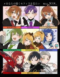 Rule 34 | 5boys, 5girls, :d, absurdres, ahoge, binah (project moon), black eyes, black gloves, black hair, black jacket, blonde hair, blouse, blue eyes, blue hair, blue neckwear, brown eyes, brown hair, brown headband, brown neckwear, brown ribbon, capelet, character name, chesed (project moon), closed mouth, collared shirt, cup, earrings, frown, gebura (project moon), gloves, green eyes, green hair, green neckwear, grey hair, hair ornament, hair ribbon, hairclip, headband, heterochromia, highres, hod (project moon), hokma (project moon), holding, holding cup, holding sword, holding weapon, jacket, jewelry, lobotomy corporation, long hair, long sleeves, malkuth (project moon), monocle, mug, multiple boys, multiple girls, nakame77, necktie, netzach (project moon), open mouth, orange capelet, project moon, purple hair, red hair, red headband, red neckwear, ribbon, shirt, short hair, smile, suit jacket, sword, teacup, tiphereth a (project moon), tiphereth b (project moon), weapon, white shirt, yellow eyes, yesod (project moon)