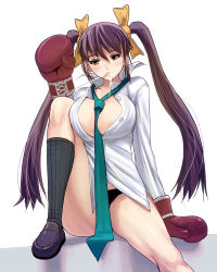 Rule 34 | 1girl, between breasts, black panties, black socks, blush, boxing gloves, breasts, brown eyes, brown hair, hair ribbon, kneehighs, kouno (masao), large breasts, legs folded, loafers, long hair, mouth hold, necktie, original, panties, ribbon, shirt, shoes, simple background, socks, solo, striped, twintails, unbuttoned, underwear, vertical stripes, white shirt
