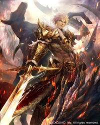 Rule 34 | 1boy, armor, dragon, dragon&#039;s shadow, fire, fire, foreshortening, full armor, fur trim, gauntlets, greaves, holding, holding sword, holding weapon, horse, kei1115, looking at viewer, male focus, muscular, official art, outdoors, red eyes, rock, shoulder armor, grey eyes, silver hair, slashing, standing, sword, unsheathed, weapon