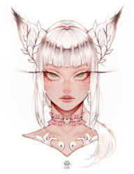 Rule 34 | 1girl, animal ears, blunt bangs, choker, closed mouth, commentary, commission, english commentary, expressionless, eyelashes, eyeshadow, final fantasy, final fantasy xiv, fox ears, frills, green eyes, hair ornament, hair over shoulder, heart, heart-shaped pupils, heart choker, highres, inoaart, leaf hair ornament, long eyelashes, long hair, looking at viewer, makeup, miqo&#039;te, original, pink choker, portrait, red eyeshadow, sidelocks, simple background, solo, symbol-shaped pupils, warrior of light (ff14), watermark, white background, white hair