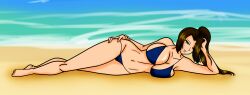 Rule 34 | 1girl, beach, breast press, breasts, highres, large breasts, nickyvendetta, original, pinup (style), two-piece swimsuit