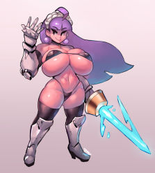 Rule 34 | 1girl, abs, ahoge, bare shoulders, bikini, blunt bangs, boots, breasts, brown eyes, bursting breasts, cleavage, covered erect nipples, cross, curvy, dark eclair, detached sleeves, earrings, eclair (la pucelle), female focus, full body, gauntlets, headdress, highleg, highres, holding, holding weapon, huge breasts, jewelry, la pucelle, long hair, maid headdress, navel, purple hair, simple background, smile, solo, standing, strapless, strapless bikini, swimsuit, thick thighs, thighhighs, thighs, weapon, wide hips, zako (arvinry)