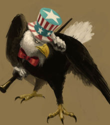 Rule 34 | bad id, bad pixiv id, bald eagle, baton, bird, bow, bowtie, cane, commentary, eagle, efu (eeeeeat), formal, hat, hat tip, no humans, solo, traditional bowtie, uncle sam, united states