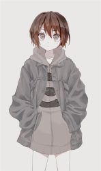 Rule 34 | 1girl, bad id, bad twitter id, brown hair, copyright request, cowboy shot, grey background, grey eyes, hands in pockets, highres, hood, hood down, hoodie, jacket, long sleeves, looking at viewer, moi2m3, muted color, open clothes, open jacket, print hoodie, short hair, simple background, solo