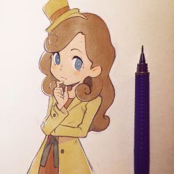 Rule 34 | 1girl, art tools in frame, bad id, bad tumblr id, blue eyes, blush, blush stickers, brown hat, brown jacket, buttons, closed mouth, curly hair, dress, finger to mouth, hat, ilya kuvshinov, jacket, katrielle layton, layton&#039;s mystery journey, light brown hair, long hair, long sleeves, marker (media), mini hat, mini top hat, paper, pen, photo (medium), professor layton, red dress, smile, solo, thinking, top hat, traditional media, upper body