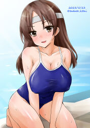 Rule 34 | 1girl, barefoot, blue one-piece swimsuit, breasts, brown eyes, brown hair, chiyoda (kancolle), cleavage, collarbone, competition school swimsuit, headband, highres, kamiya tadato, kantai collection, kneeling, large breasts, leaning forward, long hair, one-hour drawing challenge, one-piece swimsuit, school swimsuit, solo, swimsuit, twitter username