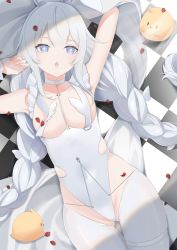 Rule 34 | 1girl, :o, absurdres, animal ears, azur lane, blue eyes, braid, breasts, checkered floor, fake animal ears, hands up, highres, le malin (azur lane), le malin (listless lapin) (azur lane), leotard, long hair, looking at viewer, lying, manjuu (azur lane), official alternate costume, on back, on floor, open mouth, oxygen mask (oxygenmask233), petals, playboy bunny, rabbit ears, simple background, small breasts, solo, star-shaped pupils, star (symbol), symbol-shaped pupils, thighhighs, twin braids, white hair, white leotard, white thighhighs, zettai ryouiki