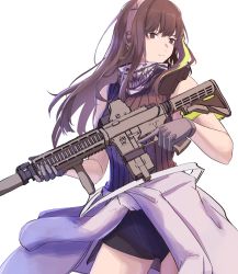 Rule 34 | 1girl, 3 small spiders, absurdres, assault rifle, black scarf, black shorts, brown eyes, brown hair, brown sweater vest, closed mouth, clothes around waist, feet out of frame, girls&#039; frontline, gloves, grey gloves, gun, headphones, headset, highres, holding, holding gun, holding weapon, jacket, jacket around waist, long hair, looking away, m4 carbine, m4a1 (girls&#039; frontline), multicolored hair, rifle, scarf, shorts, solo, standing, sweater vest, walkie-talkie, weapon, white background