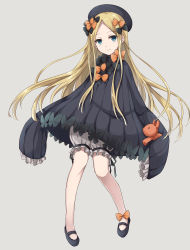 Rule 34 | 1girl, abigail williams (fate), black bow, black dress, black footwear, black hat, blonde hair, bloomers, blue eyes, bow, bug, butterfly, commentary request, dress, fate/grand order, fate (series), forehead, full body, grey background, hair bow, hat, head tilt, highres, holding, holding stuffed toy, insect, long hair, long sleeves, looking at viewer, mary janes, orange bow, parted bangs, polka dot, polka dot bow, shoes, simple background, sleeves past fingers, sleeves past wrists, smile, solo, stuffed animal, stuffed toy, teddy bear, tm-pika, underwear, very long hair, white bloomers
