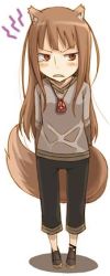 Rule 34 | 1girl, animal ears, arms behind back, ayakura juu, black pants, brown eyes, brown footwear, brown hair, full body, holo, long hair, looking away, lowres, non-web source, novel illustration, official art, pants, shadow, shoes, simple background, solo, spice and wolf, standing, tail, very long hair, white background, wolf ears, wolf tail