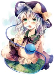 Rule 34 | 1girl, :o, blush, bow, breasts, bucket, closed eyes, collared shirt, cowboy shot, cup, drink, drinking glass, drinking straw, frills, gradient background, green eyes, hat, hat bow, heart, holding, komeiji koishi, long sleeves, looking at viewer, open mouth, revision, sash, shirt, short hair, silver hair, skirt, skirt set, small breasts, solo, striped, third eye, touhou, ukita uuko, wide sleeves