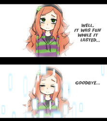 Rule 34 | 1girl, 4chan, artist request, blush, closed eyes, clover, clover hair ornament, comic, crying, crying with eyes open, english text, four-leaf clover, freckles, green eyes, hair ornament, hairband, hood, hoodie, long hair, orange hair, sad, sidelocks, simple background, smile, solo, striped clothes, striped hoodie, tears, vivian james, white background