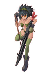 Rule 34 | 1girl, armband, bandana, bikini, black gloves, black hair, boots, breasts, cameo, camouflage, cleavage, collarbone, gloves, green thighhighs, gun, keible, large breasts, leg up, looking down, machine gun, mg42, original, side-tie bikini bottom, simple background, solo, swimsuit, tan, thighhighs, torn clothes, torn thighhighs, weapon, white background, yellow eyes