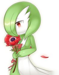 Rule 34 | 1girl, blush, bob cut, closed mouth, colored skin, cowboy shot, creatures (company), female focus, flat chest, flower, from side, game freak, gardevoir, gen 3 pokemon, green hair, green skin, hair over one eye, half-closed eyes, hands up, holding, holding flower, light blush, looking down, lotosu, multicolored skin, nintendo, own hands together, petals, pokemon, pokemon (creature), red eyes, red flower, red ribbon, ribbon, short hair, simple background, solo, two-tone skin, white background, white skin