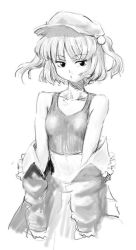 Rule 34 | 1girl, bad id, bad pixiv id, face, female focus, greyscale, hair bobbles, hair ornament, jpeg artifacts, kawashiro nitori, midriff, monochrome, navel, shiba itsuki, simple background, sketch, solo, tank top, touhou, twintails, two side up, undressing, white background