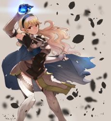 Rule 34 | 1girl, armor, armpits, bare shoulders, blonde hair, cape, corrin (female) (fire emblem), corrin (fire emblem), elbow gloves, fingerless gloves, fire emblem, fire emblem fates, fire emblem heroes, gem, gloves, greaves, hairband, holding, makibao, nintendo, pointy ears, red eyes, solo, torn cape, torn clothes