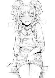 Rule 34 | 1girl, blush, greyscale, hair ornament, hair scrunchie, hand on table, heavy breathing, highres, idolmaster, idolmaster (classic), legs, looking at viewer, monochrome, narrowed eyes, open mouth, overalls, scrunchie, short hair, solo, sweat, takatsuki yayoi, thighs, tsurui, twintails, white background