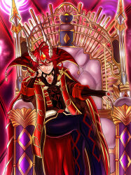 Rule 34 | 1boy, absurdres, aluber (yu-gi-oh!), aluber the jester of despia, crossed legs, demon horns, duel monster, forehead jewel, hand on own cheek, hand on own face, highres, horns, red eyes, red hair, robe, sitting, sitting on object, the bystial aluber, throne, user zsru8573, yu-gi-oh!