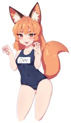 Rule 34 | 1girl, animal ear fluff, animal ears, artist name, bare arms, bare shoulders, blue one-piece swimsuit, breasts, brown eyes, brown hair, claw pose, collarbone, commentary request, cropped legs, dev (dev0614), fingernails, fox ears, fox girl, fox tail, gluteal fold, hands up, long hair, nail polish, old school swimsuit, one-piece swimsuit, original, pink nails, school swimsuit, simple background, small breasts, solo, swimsuit, tail, tail raised, thick eyebrows, v-shaped eyebrows, white background