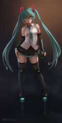 Rule 34 | 1girl, artist name, bare shoulders, black footwear, black skirt, blue eyes, blue hair, blue nails, blue necktie, blush, boots, breasts, closed mouth, collared shirt, contrapposto, detached sleeves, full body, glowing, gradient background, hair between eyes, hand on own hip, hatsune miku, head tilt, headset, highres, holding, holding microphone, legs apart, lips, long hair, long sleeves, looking at viewer, matching hair/eyes, microphone, nail polish, necktie, novcel, reflection, shirt, skirt, sleeveless, sleeveless shirt, small breasts, smile, solo, standing, tattoo, thigh boots, thighhighs, tiptoes, twintails, very long hair, vocaloid, wide sleeves, wing collar, zettai ryouiki