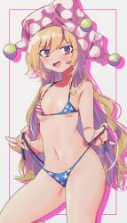 Rule 34 | 1girl, @ @, absurdres, american flag, american flag bikini, bikini, blonde hair, blush, breasts, clownpiece, flag print, haruwaka 064, hat, highres, jester cap, long hair, navel, no wings, one-hour drawing challenge, open mouth, panties, panty pull, pink eyes, simple background, small breasts, solo, star (symbol), striped, swimsuit, thighs, touhou, underwear, very long hair, white background