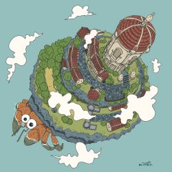 Rule 34 | artist name, blue background, building, cloud, day, from above, hermit crab, highres, misato. (misato08280), original, outdoors, road, scenery, silo, stairs, tower, tree